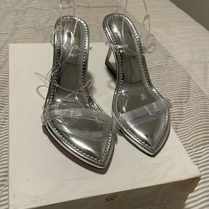 Good American Cinder F Rella Wedge Silver Lucite Triangle Block Heel Size 8 NWB